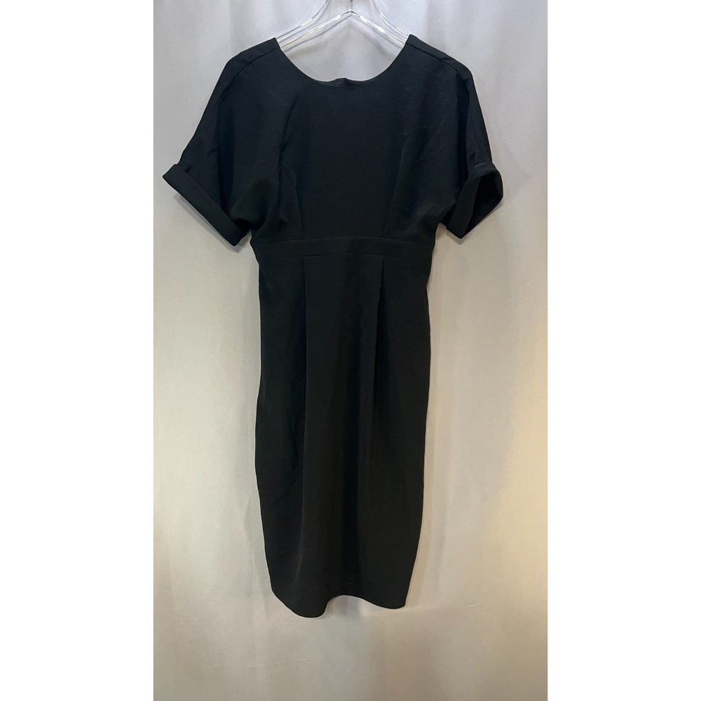 Asos Sheath Dress Womens 4 Black Round Neck Back Zip Pleated Short Cuff Sleeve